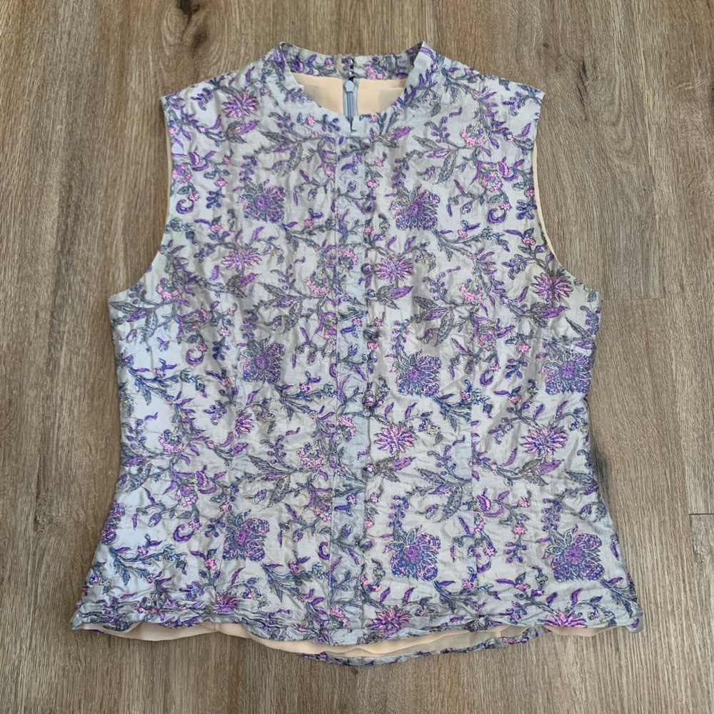 Vintage Celia's Boutique floral sleeveless tank top in purple w/ mandarin collar